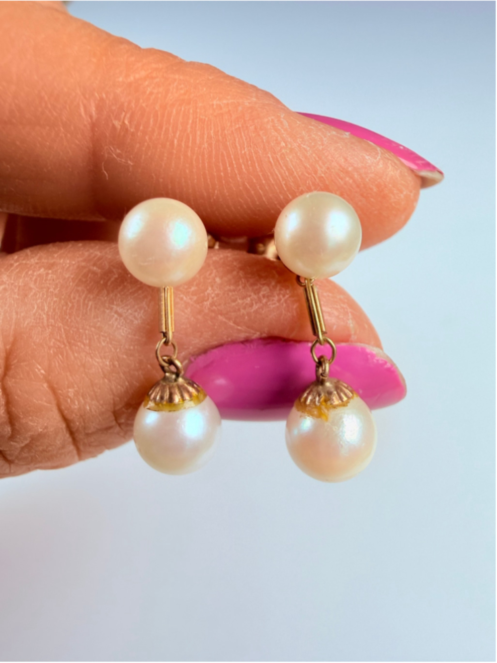 14K Solid Yellow Gold Double Saltwater Pearl Stud & Drop Dangle VTG Earrings